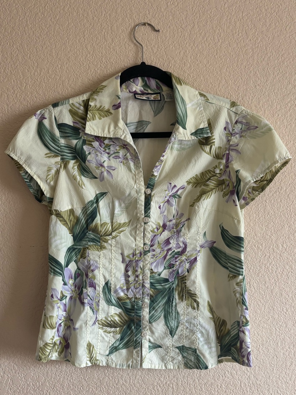 Caribbean Joe Green & Purple Columbine Flower Button Down Top